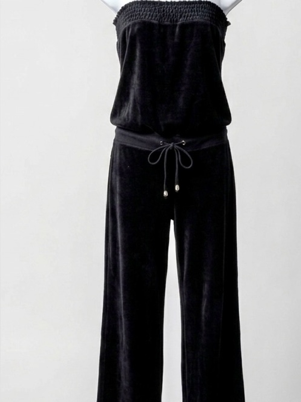 Vintage Y2K XOXO Black Velour Strapless Jumpsuit Smocked Bust Rhinestone Logo XL